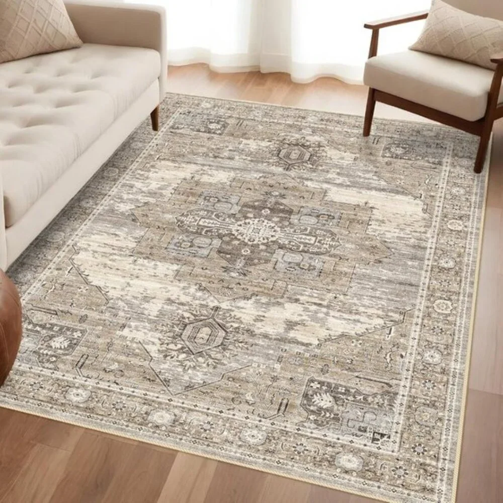 New 4x6 Beige Washable Area Rug, Vintage Non-Slip Carpet for Home & Room Decor